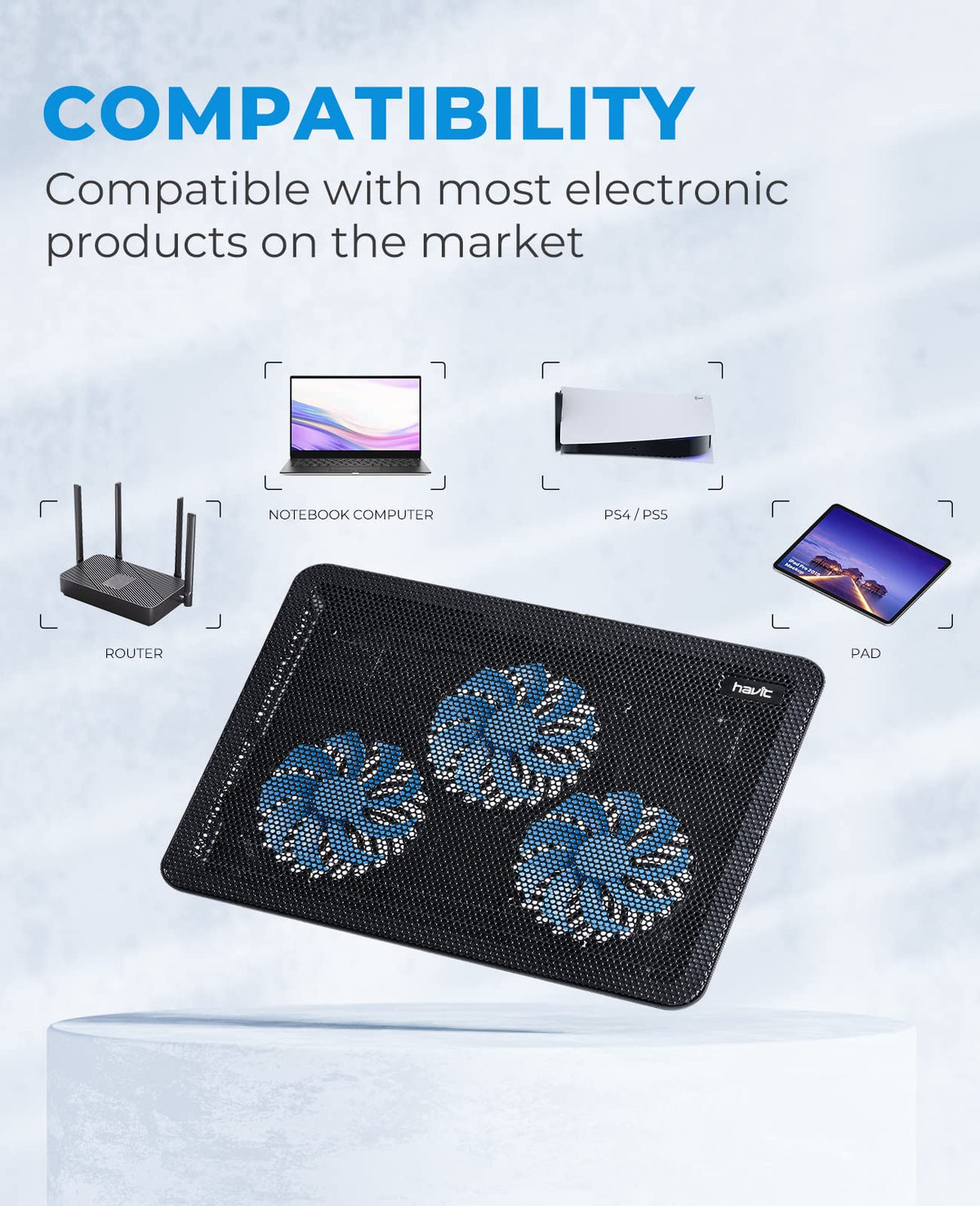 havit detailed shot of three fans highlighting quiet cooling performance beneath laptop