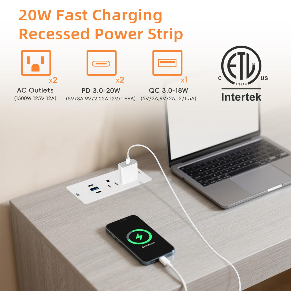 Havorbit recessed USB power strip desk installation for accessible charging at work.