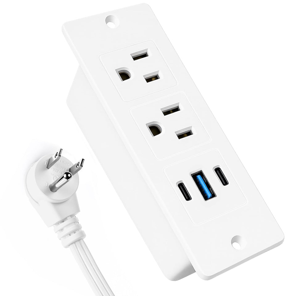 Havorbit recessed USB power strip front view showing clutter-free desk setup with a 6 ft cord.