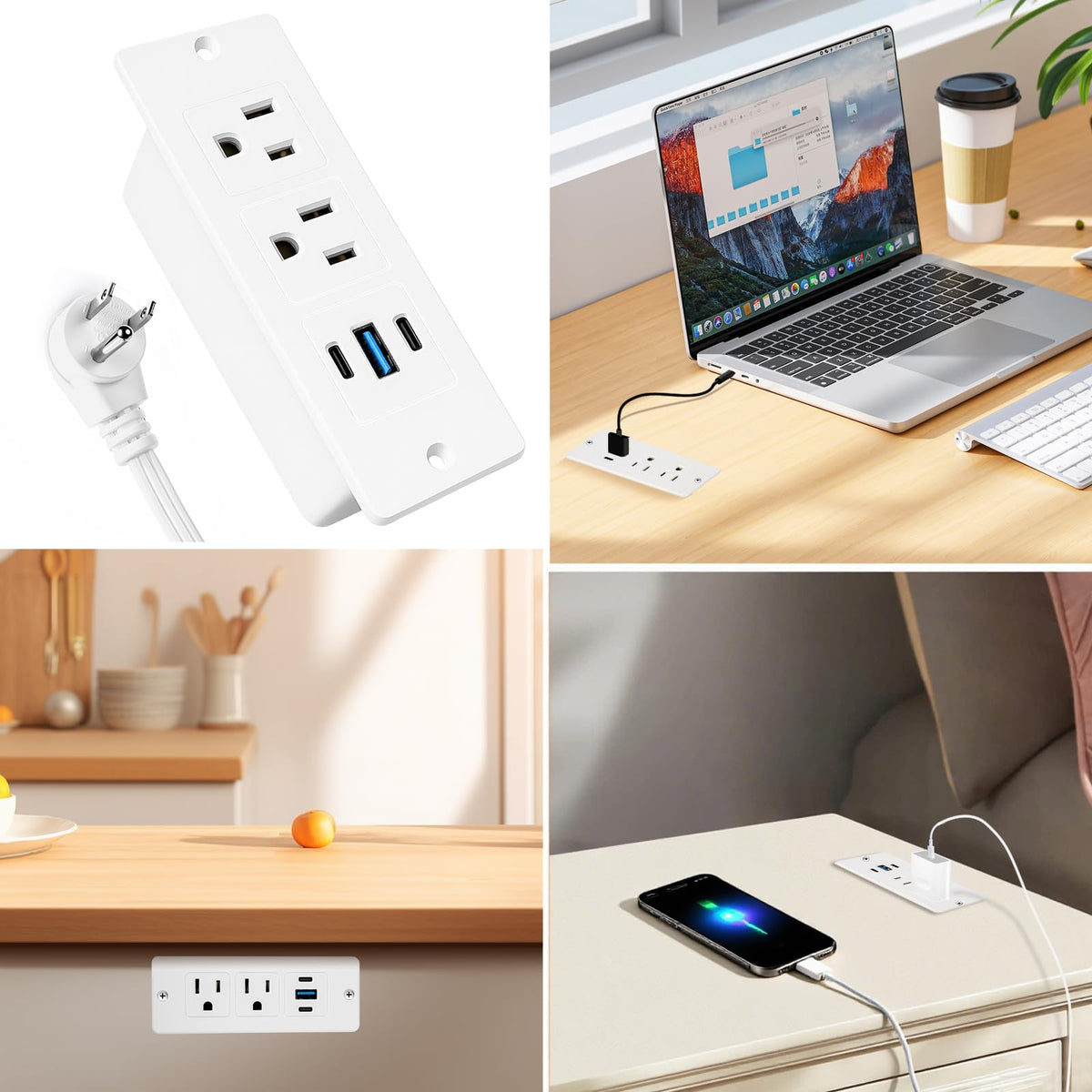 Havorbit recessed USB power strip white finish blends with furniture for a seamless look.