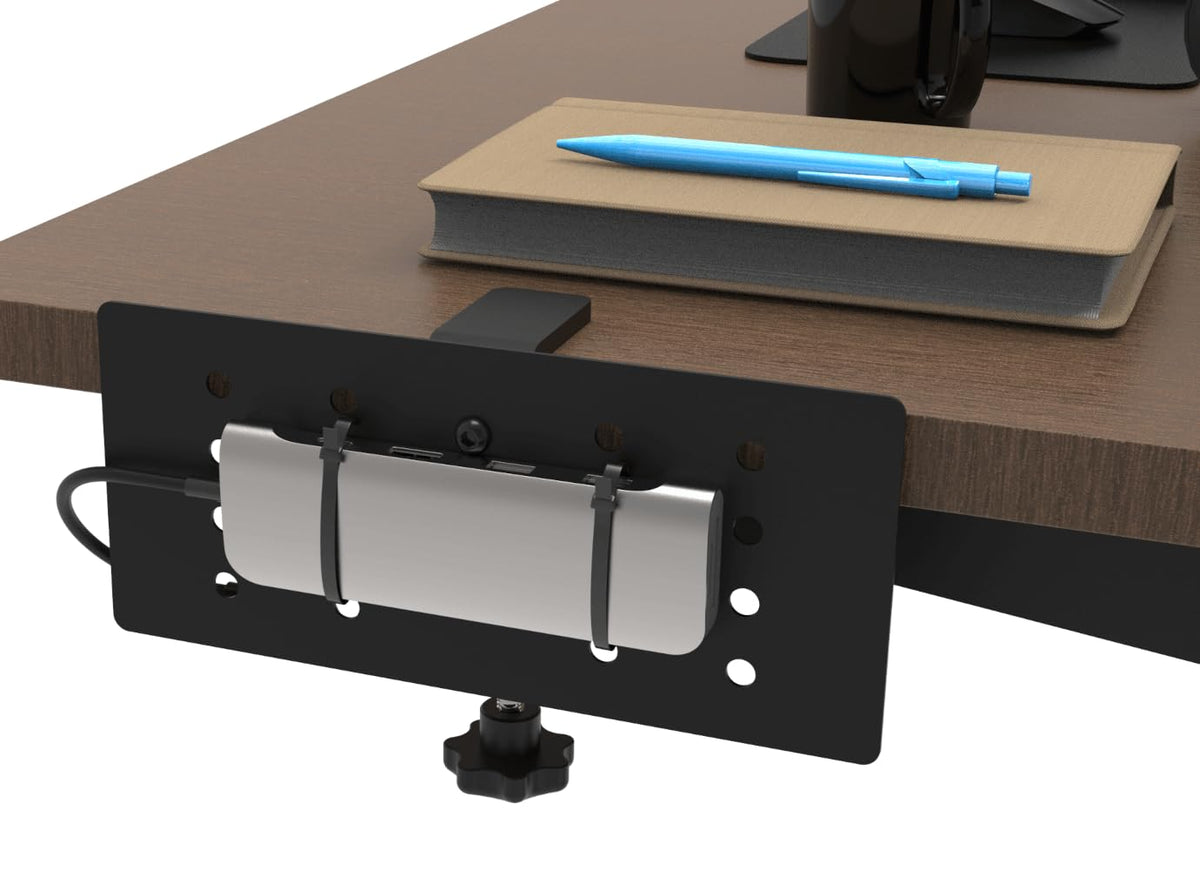 HAVYO docking station side-mount bracket attached to Dell dock saving desk space