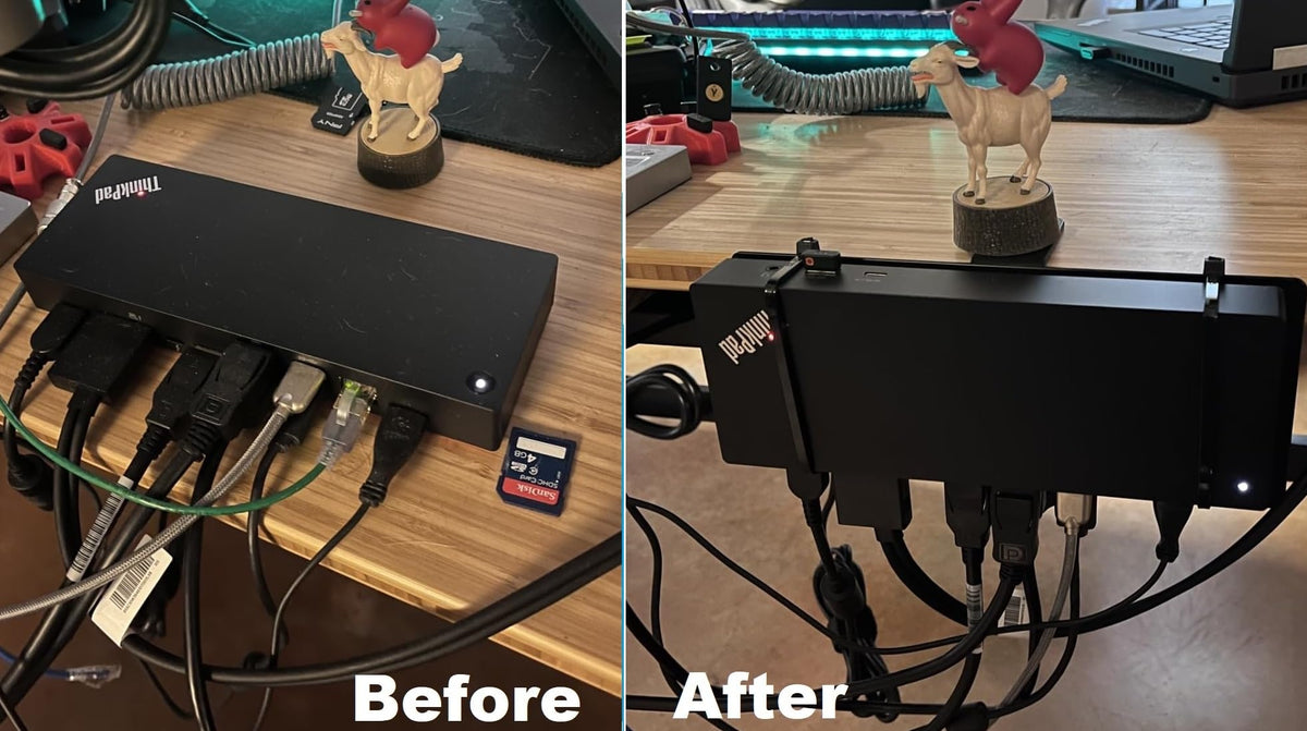 HAVYO side-mount bracket with Thunderbolt dock mounted on edge of desk
