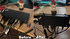 HAVYO side-mount bracket with Thunderbolt dock mounted on edge of desk