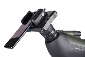 Hawke adapter front view showing clamp and phone cradle for secure digiscoping
