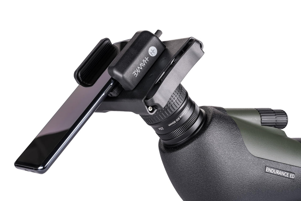 Hawke adapter front view showing clamp and phone cradle for secure digiscoping