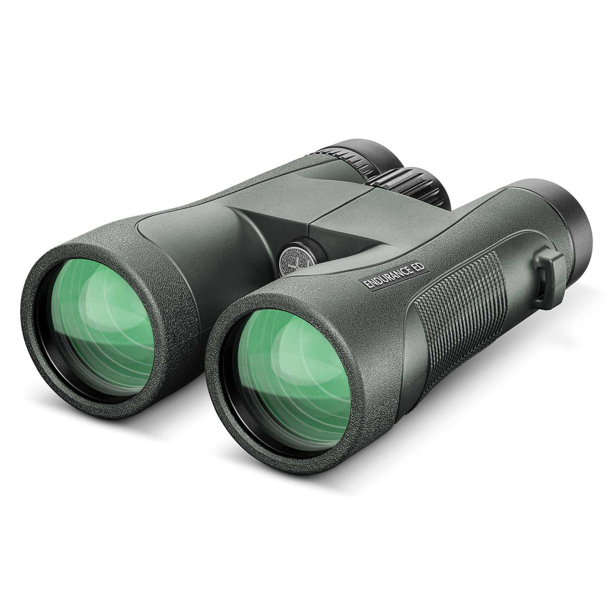 Hawke Endurance 10x50 green binoculars front view with non-slip grip for outdoor use.