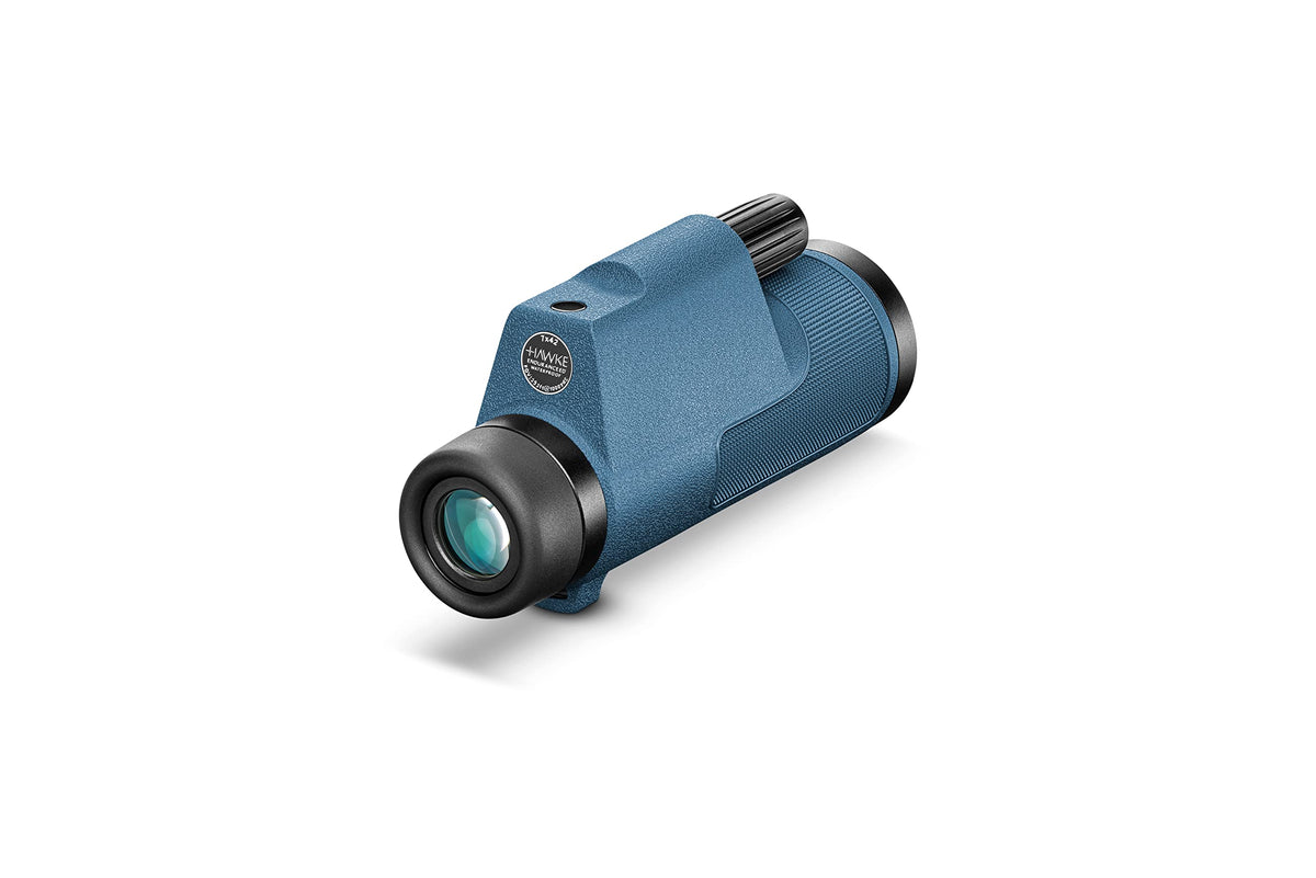 Hawke monocular blue side profile emphasizes lightweight ED glass for clear distant sights.