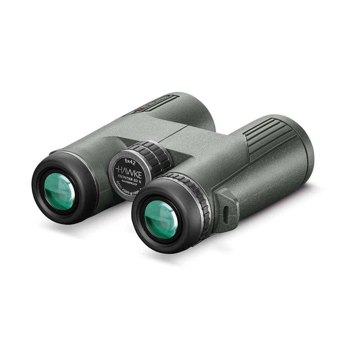 Hawke Frontier ED X 8x42 green side profile highlights ergonomic grip.