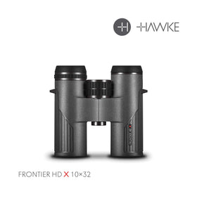 Hawke Frontier HD X 10x32 binoculars objective lens close-up with water-repellent coating.