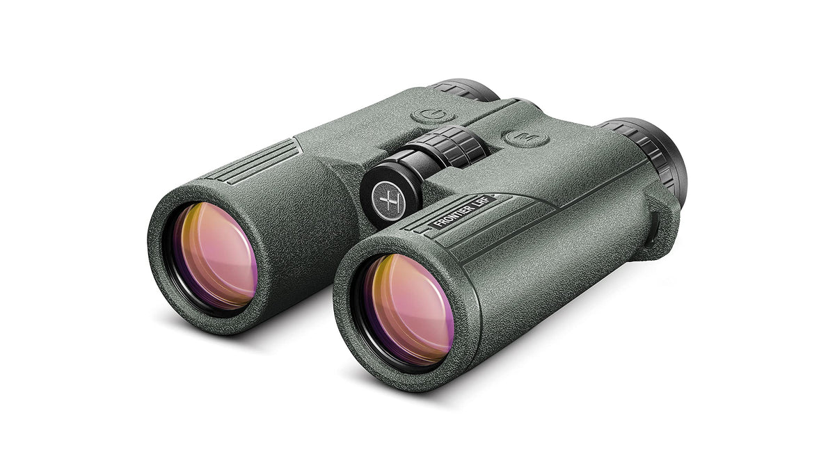 Hawke Frontier LRF 8x42 binocular front view with OLED display for clear distance readings