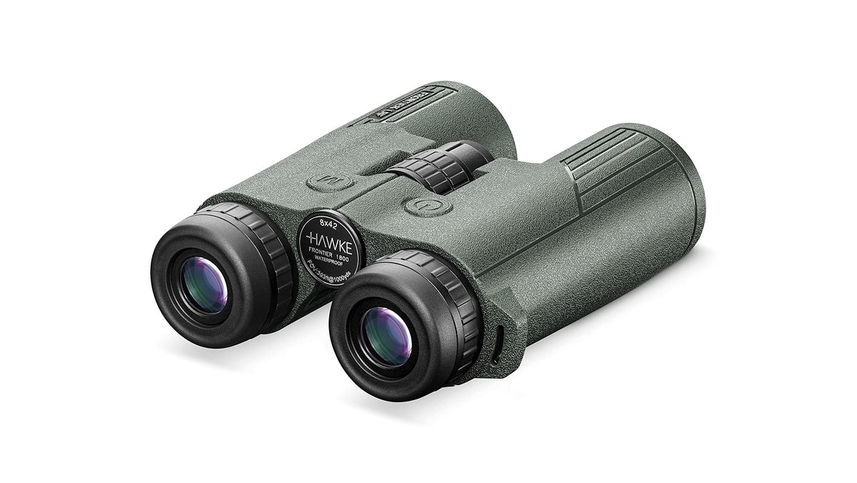 Hawke Frontier LRF 8x42 rangefinder controls view demonstrating ergonomic grip and easy access