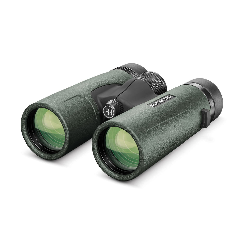 Hawke Nature-Trek 10x42 green front view highlights crisp wildlife detail.