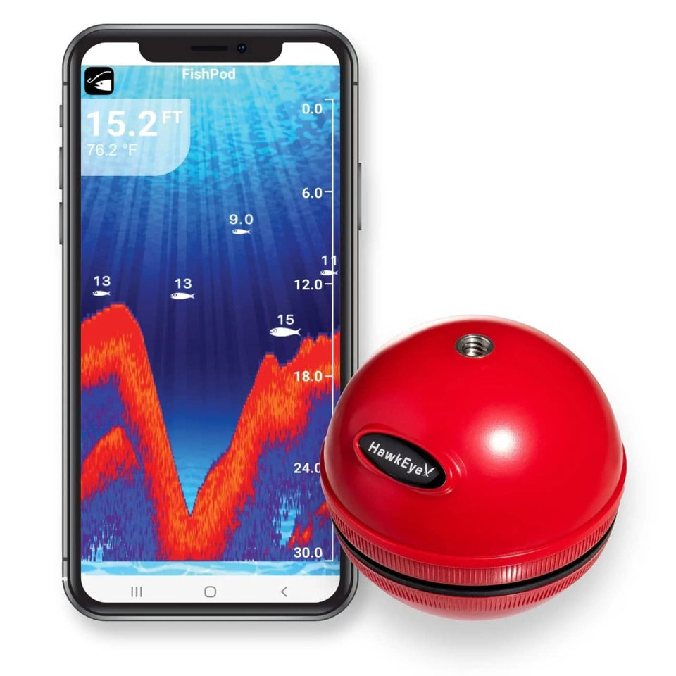 Hawkeye FishPod 5X front view showing portable Bluetooth sonar for quick on-water fishfinding