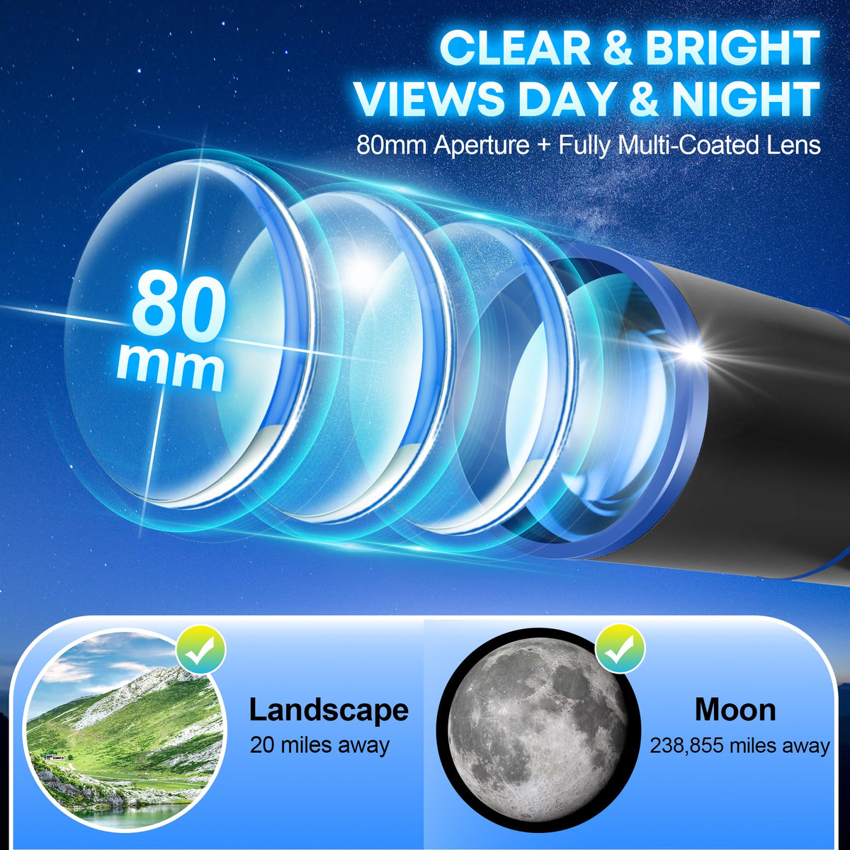 Hawkko 80mm optics close-up showing bright daytime and lunar views