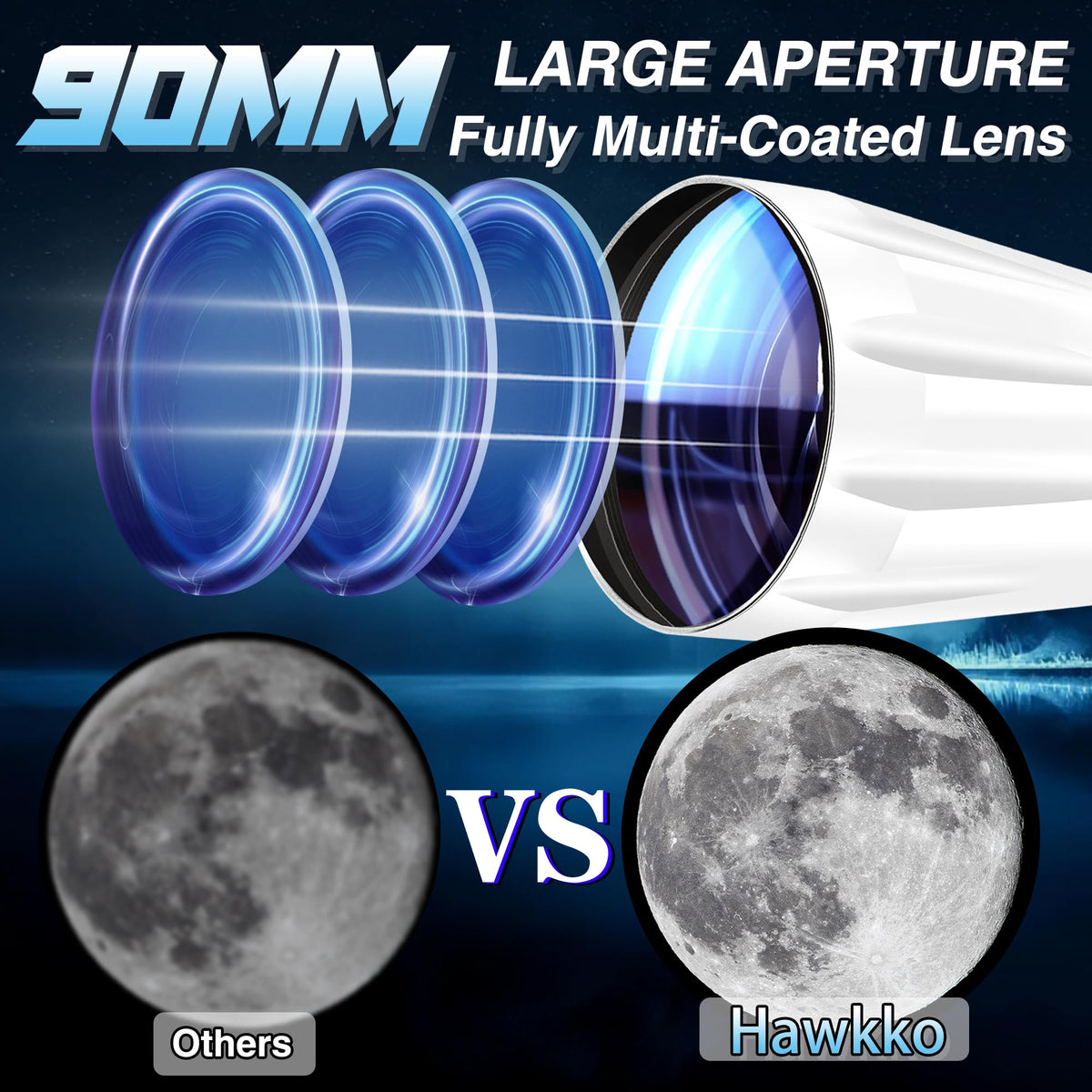 Hawkko telescope 90mm aperture boosts light gathering for bright lunar views