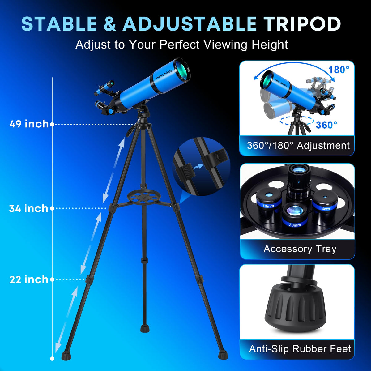 Hawkko eyepieces and 3x Barlow lens enabling smooth zoom from 26x to 450x