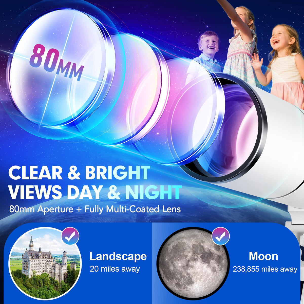 Hawkko magnification range 20x-150x supports wide views and detailed lunar observation.