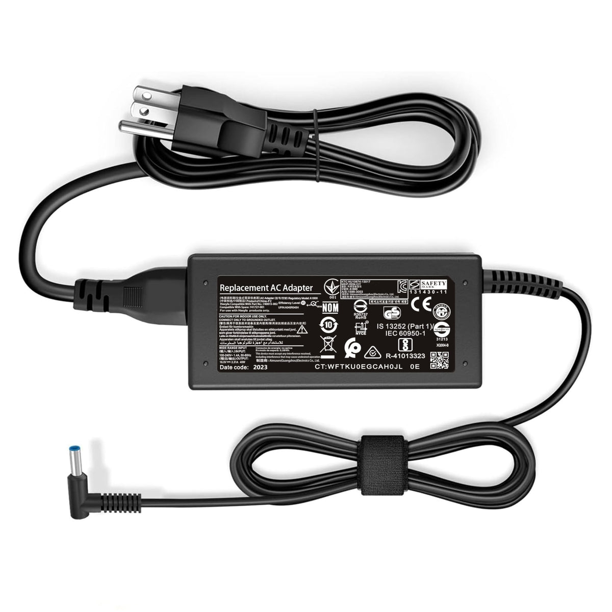 Haxyla 45W charger with blue tip for HP notebooks.