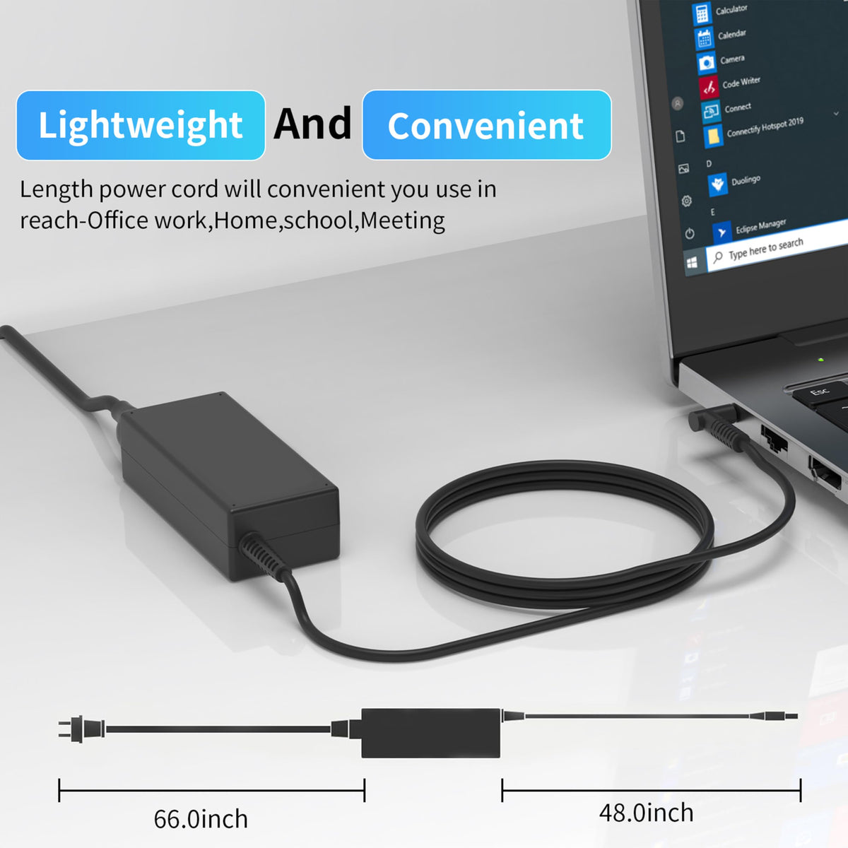 Haxyla 19.5V 2.31A output powers notebooks reliably.