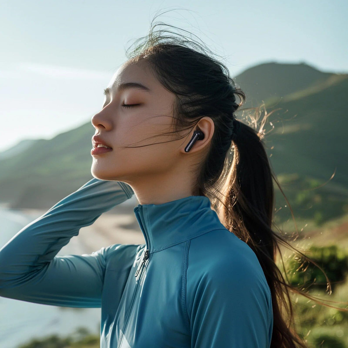 HAYLOU Mori Pro charging case open, showing battery-ready earbuds and extended playtime benefit