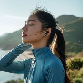 HAYLOU Mori Pro charging case open, showing battery-ready earbuds and extended playtime benefit