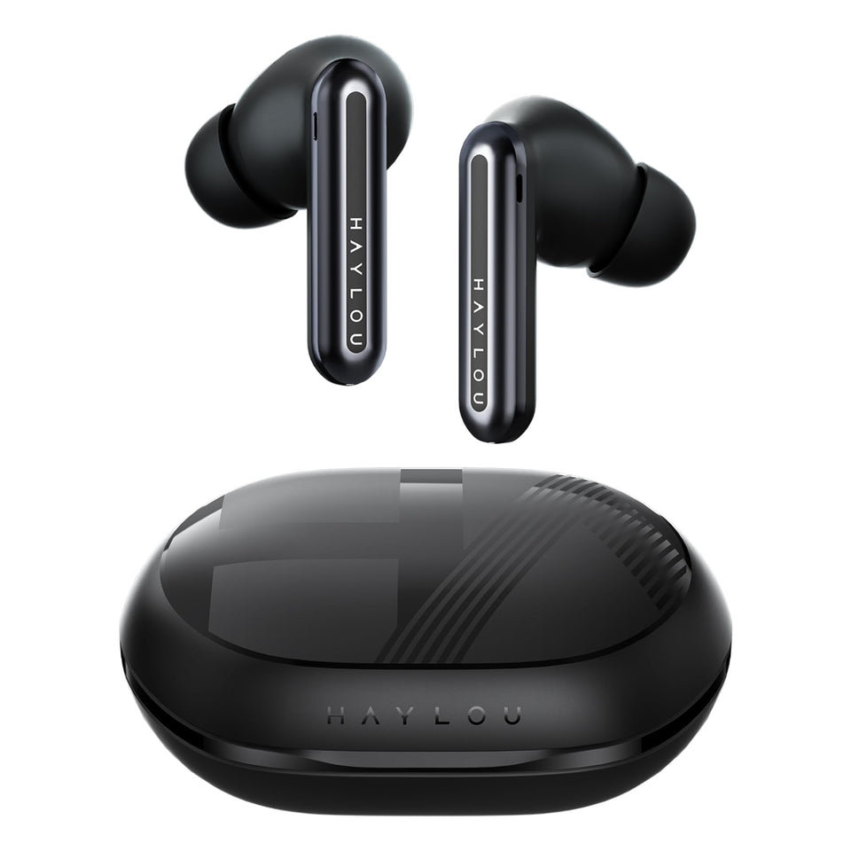 HAYLOU Mori Pro front view showing earbuds and case, highlighting sleek design and portability