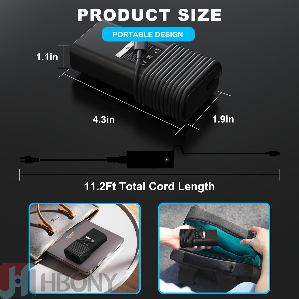 HBONY 65W USB-C charger Dell Latitude compatibility label highlights broad support