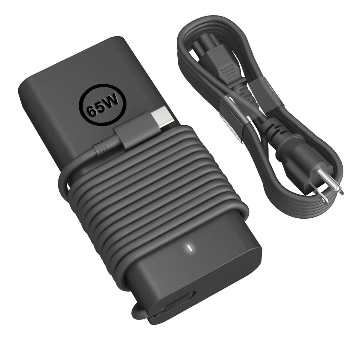 HBONY 65W USB-C charger front view powering a Dell Latitude display