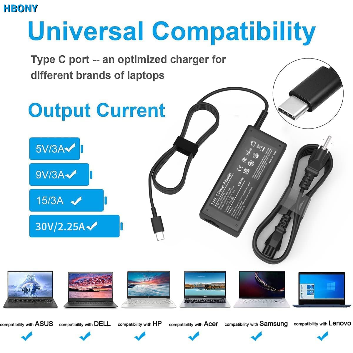 HBONY charger angled view showing USB-C PD port and broad compatibility