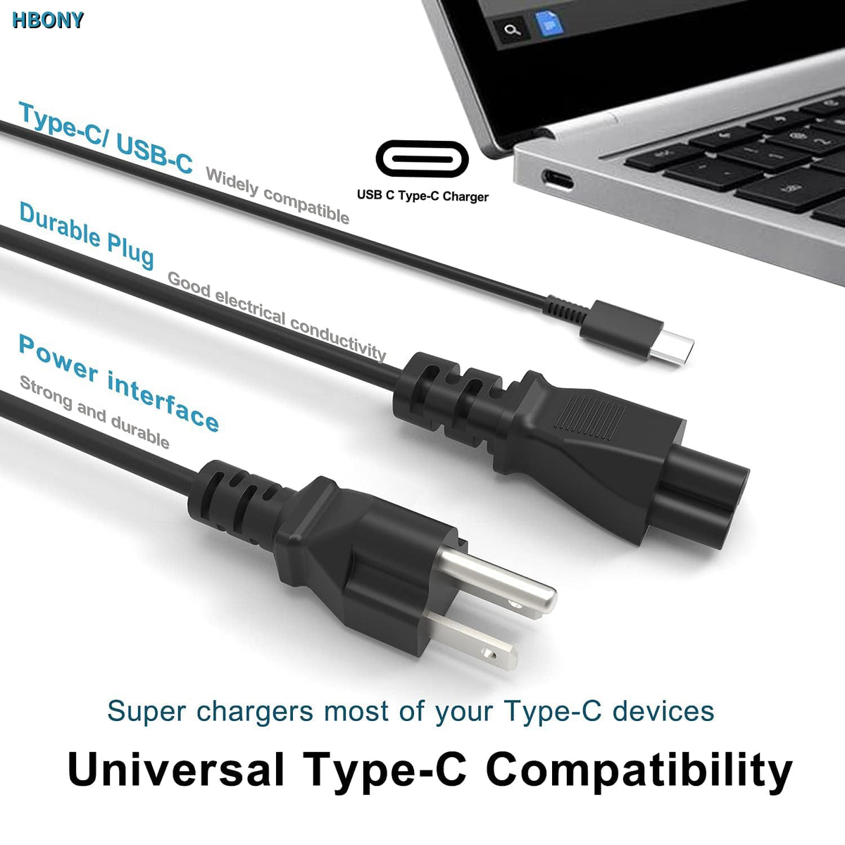 HBONY 65W charger with clear port labeling for easy setup