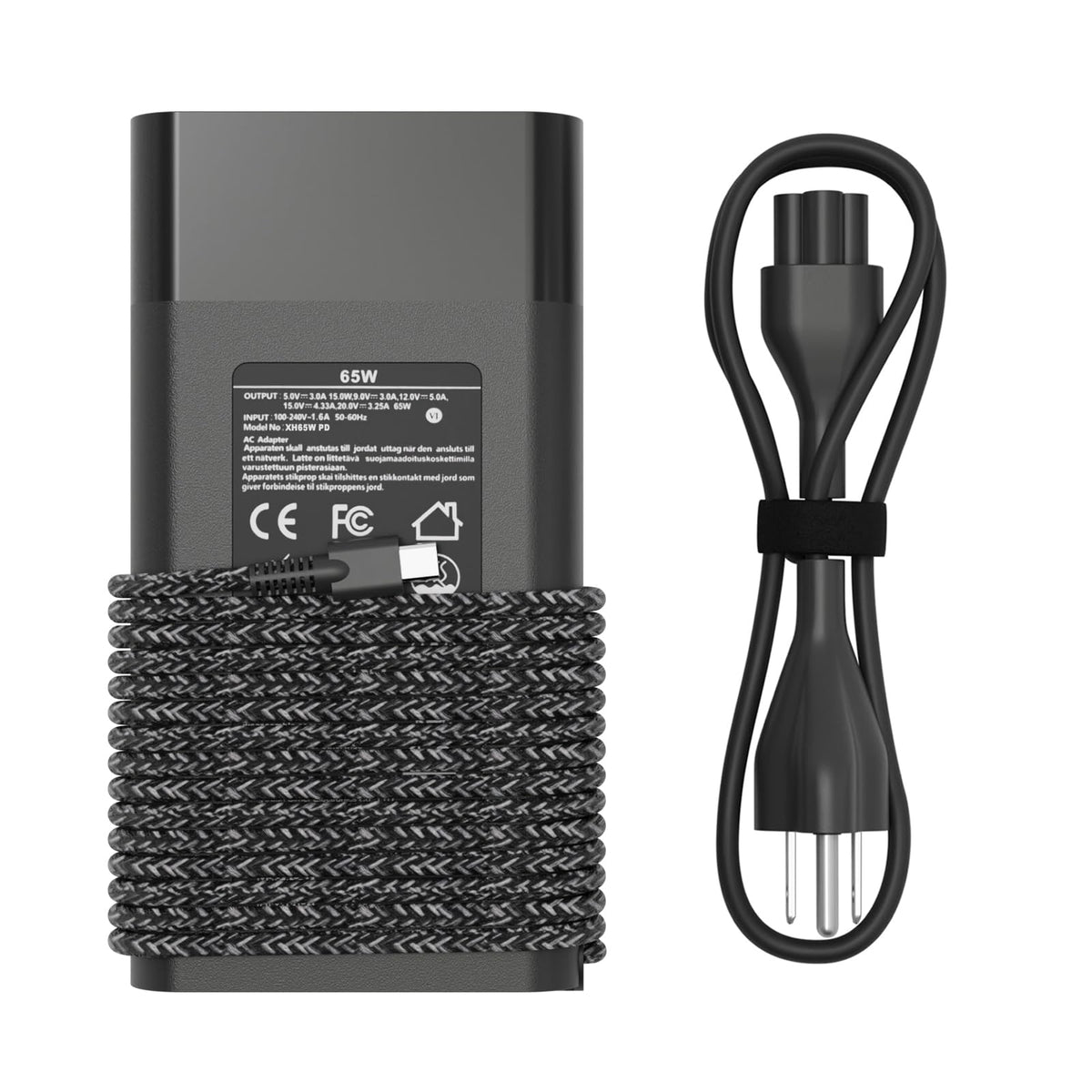 HBONY 65W USB-C charger front view, compact travel-friendly design.