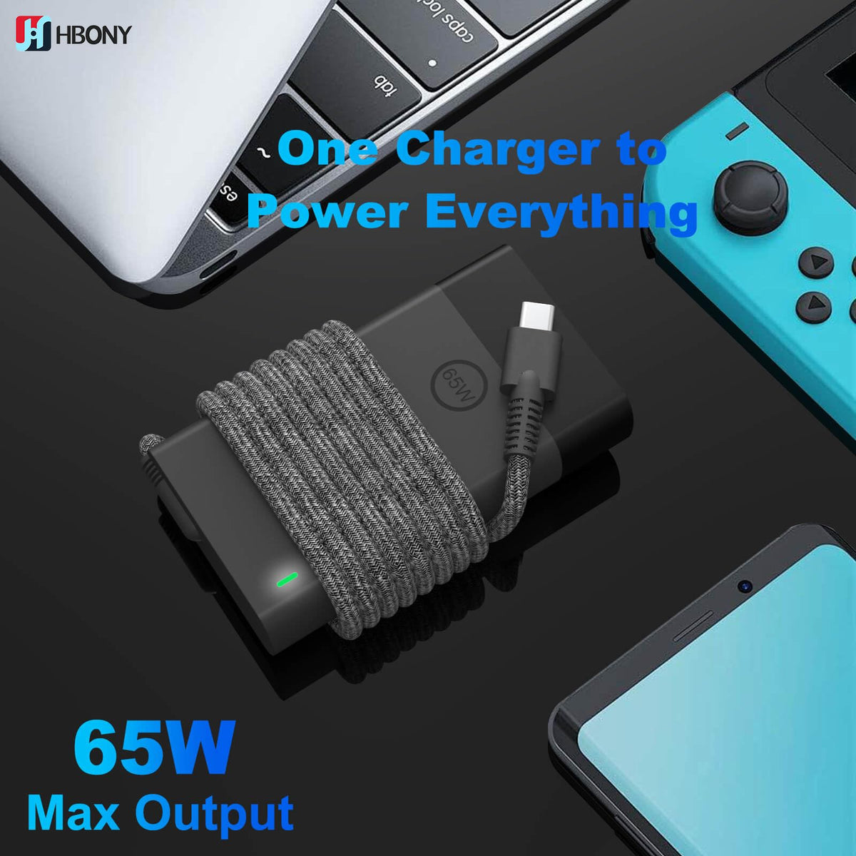 HBONY charger label details safety and input specifications.