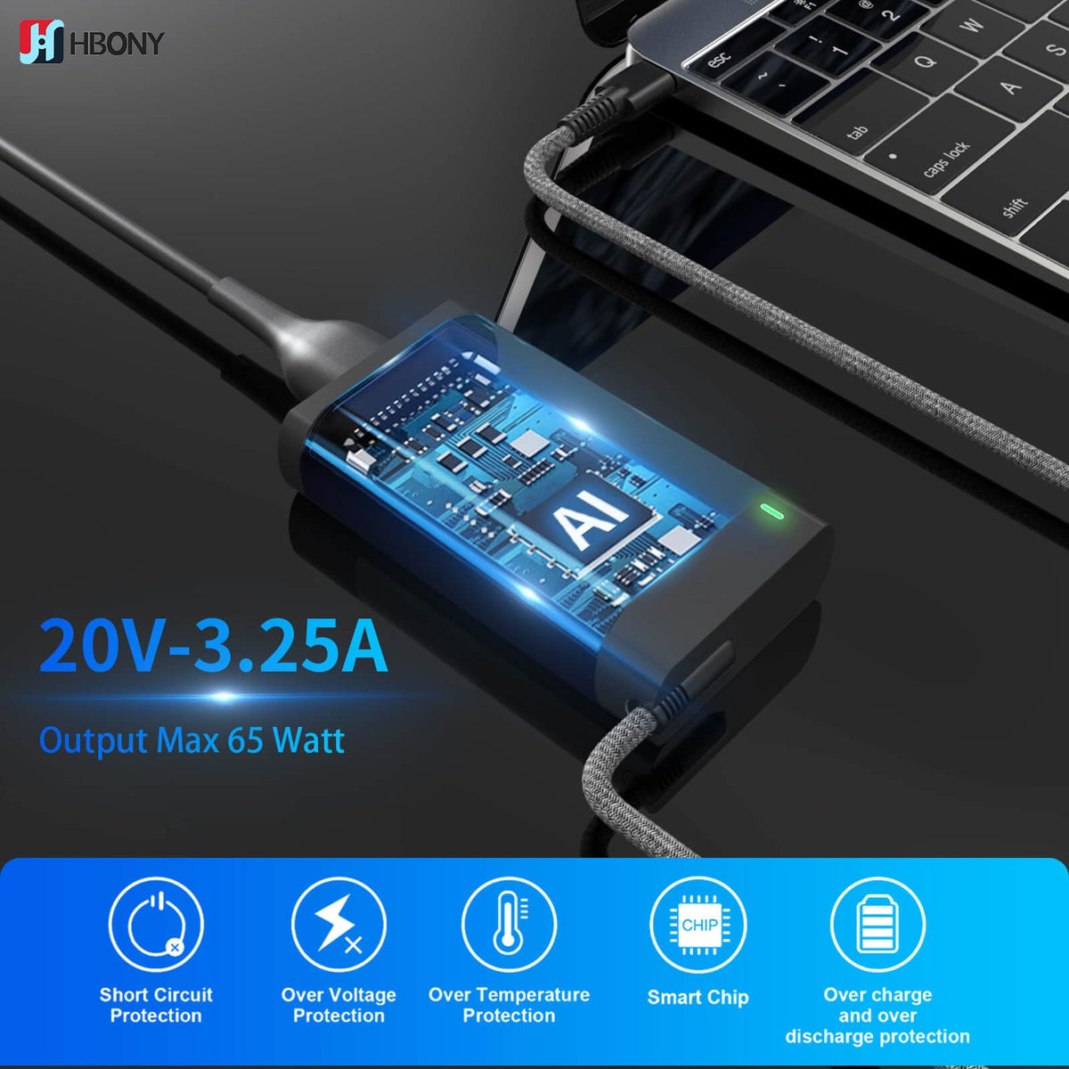 HBONY charger side port shows USB-C output for fast, versatile charging.