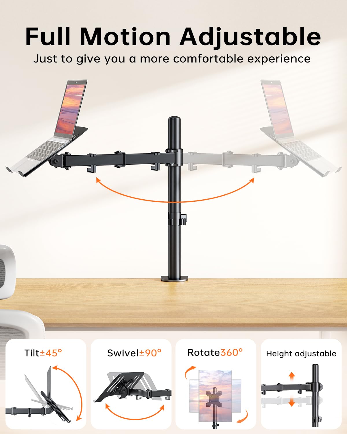 H&C(hcck&Cllassp) arm adjustments illustrating tilt, swivel and rotation for flexible ergonomic positioning
