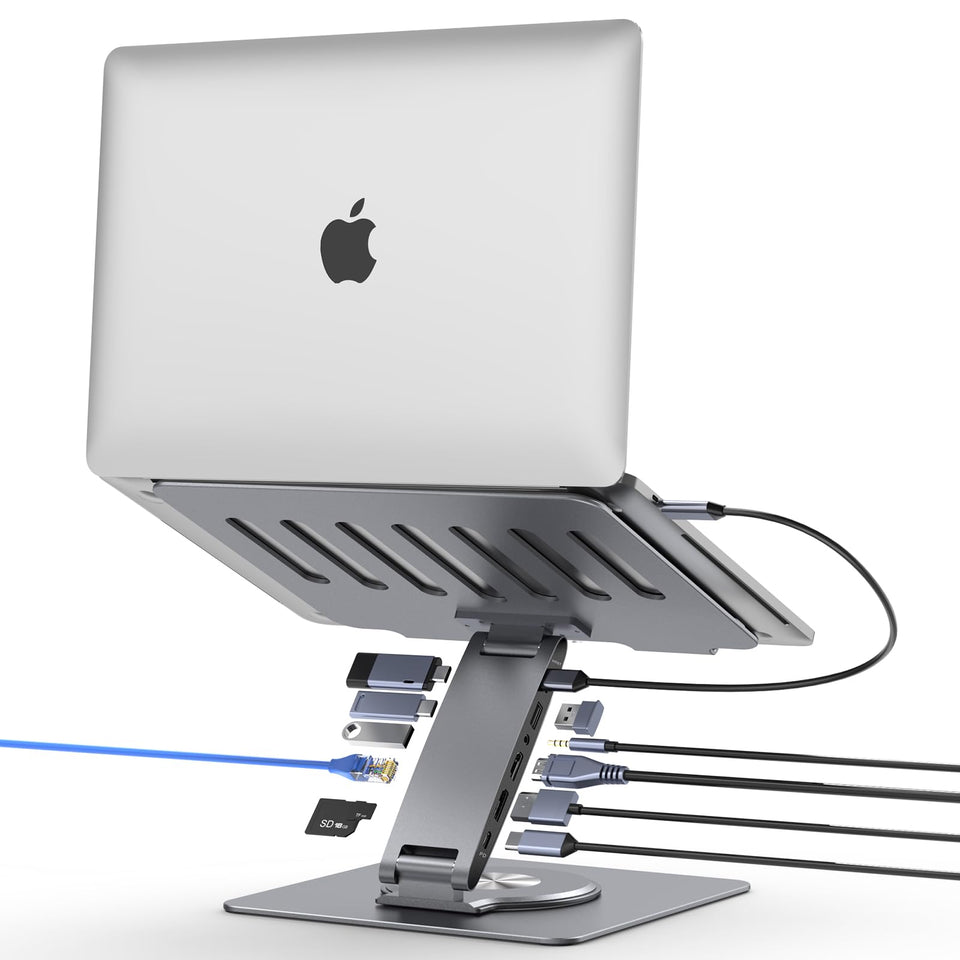 HC Laptop Docking Stand showing triple 4K60Hz displays for multitasking