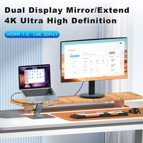 HC laptop on stand connected to dual monitors for extended desktop productivity