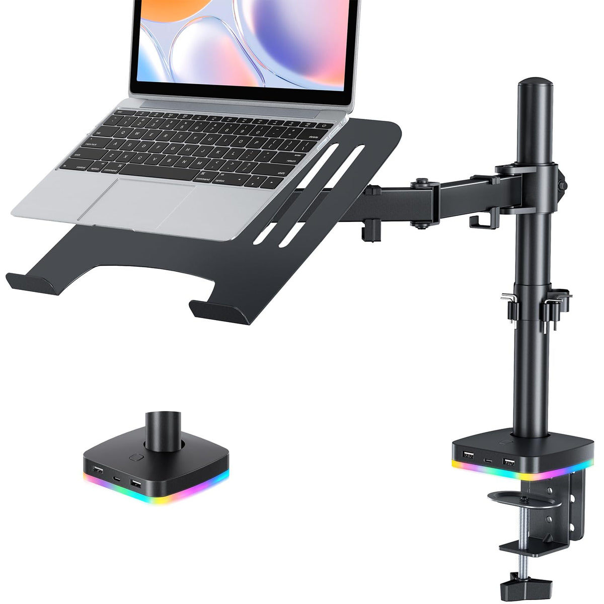 H&C(hcck&Cllassp) front view showing entire stand and RGB hub, keeps desk tidy