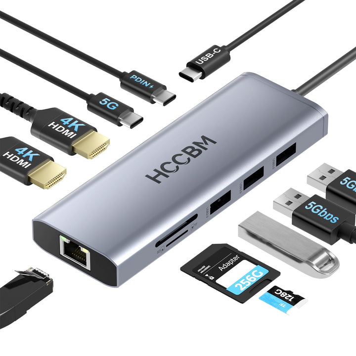 HCCBM docking station front view showing all ports and tidy workspace benefit