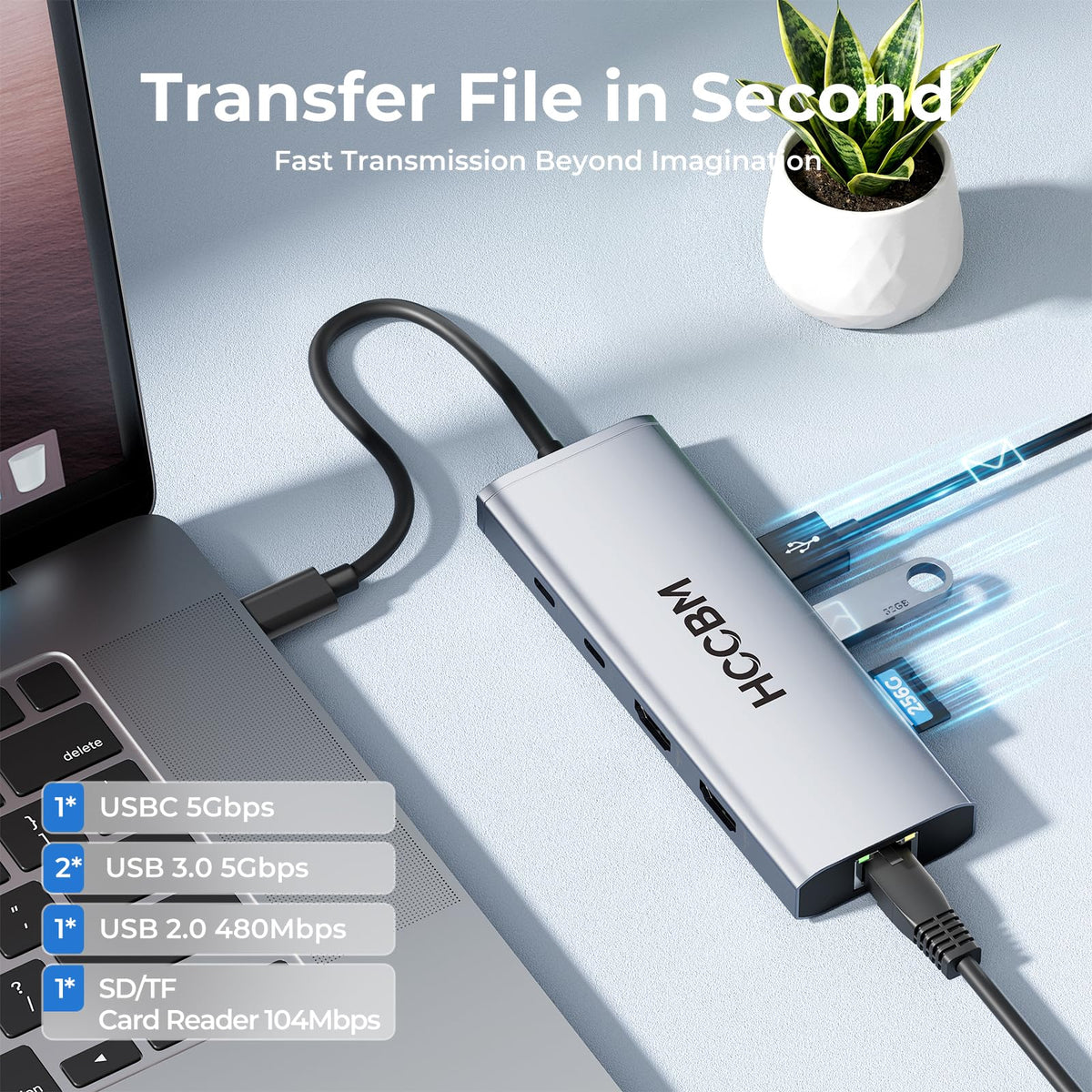 HCCBM dock connected on desk with laptop and accessories for organized workstation