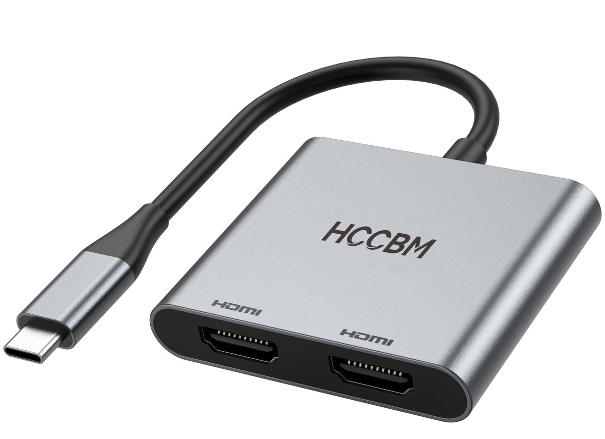 HCCBM USB C to Dual HDMI Adapter shows two HDMI ports in use for multi-monitor setup.