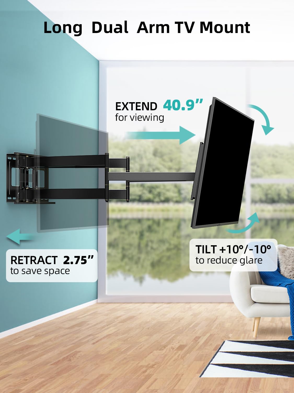 HCMOUNTING TV mounted in a corner maximizing room layout and sightlines