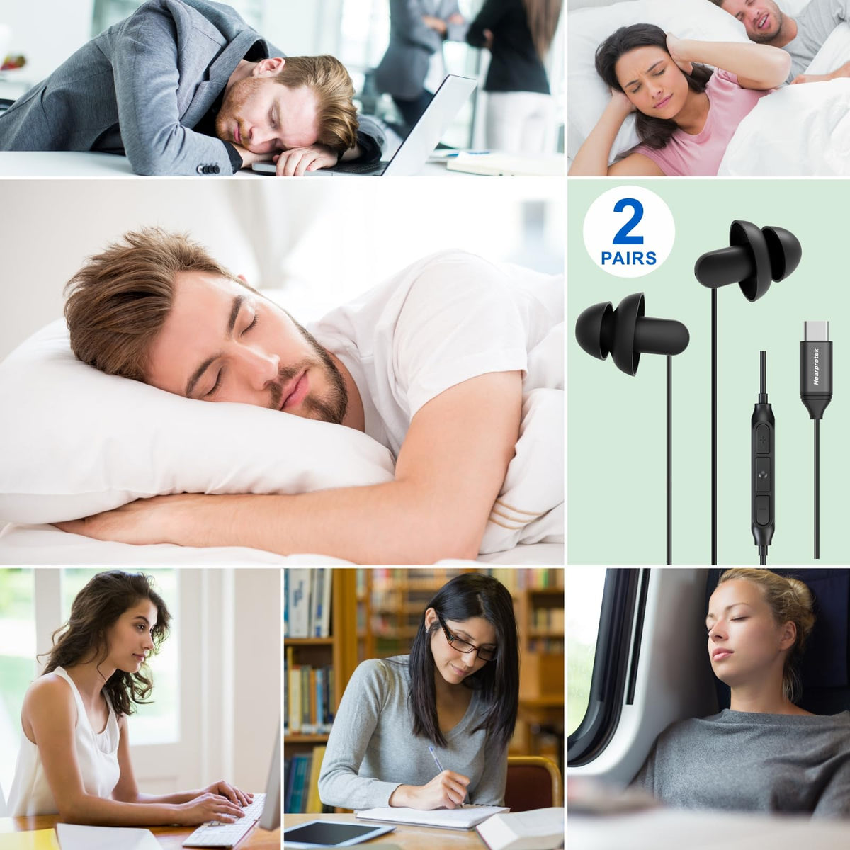 Hearprotek earbuds next to travel items showing portable sleep and relaxation benefit