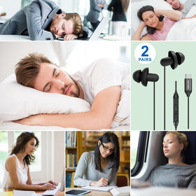 Hearprotek earbuds next to travel items showing portable sleep and relaxation benefit