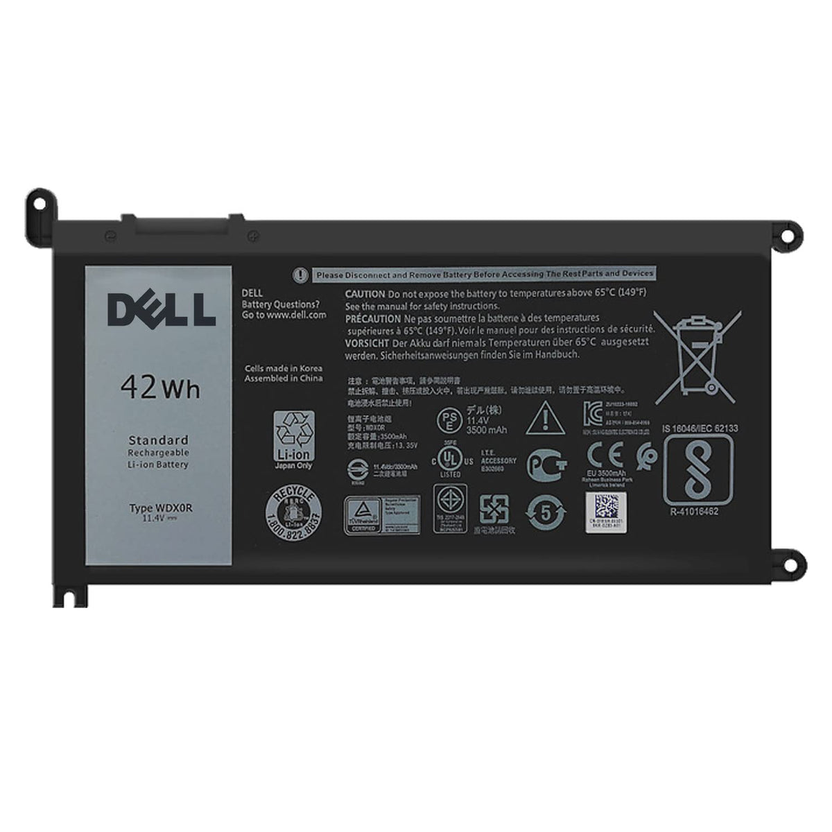Hecales front view of replacement WDX0R battery showing label and specs benefits reliable fit