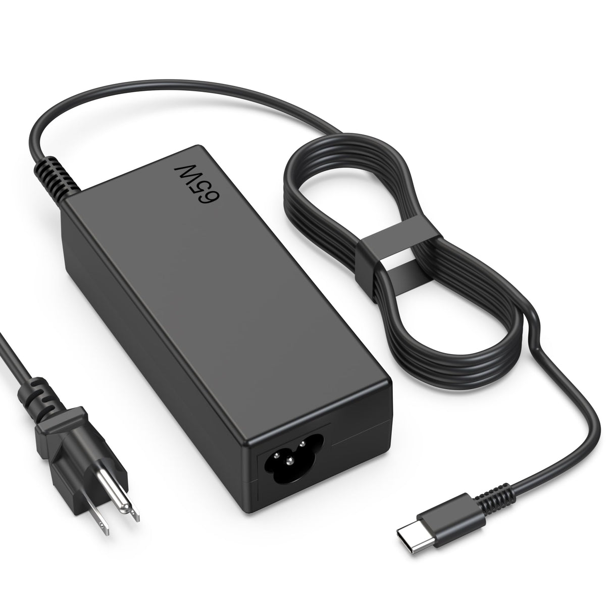 heesky 65W USB-C Chromebook charger front view powering a laptop efficiently
