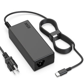 heesky 65W USB-C Chromebook charger front view powering a laptop efficiently