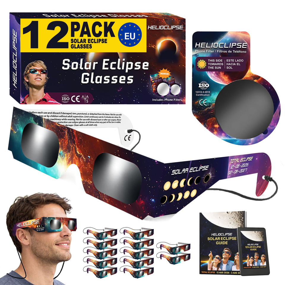 Helioclipse 12-pack eclipse glasses for safe direct viewing during totality.