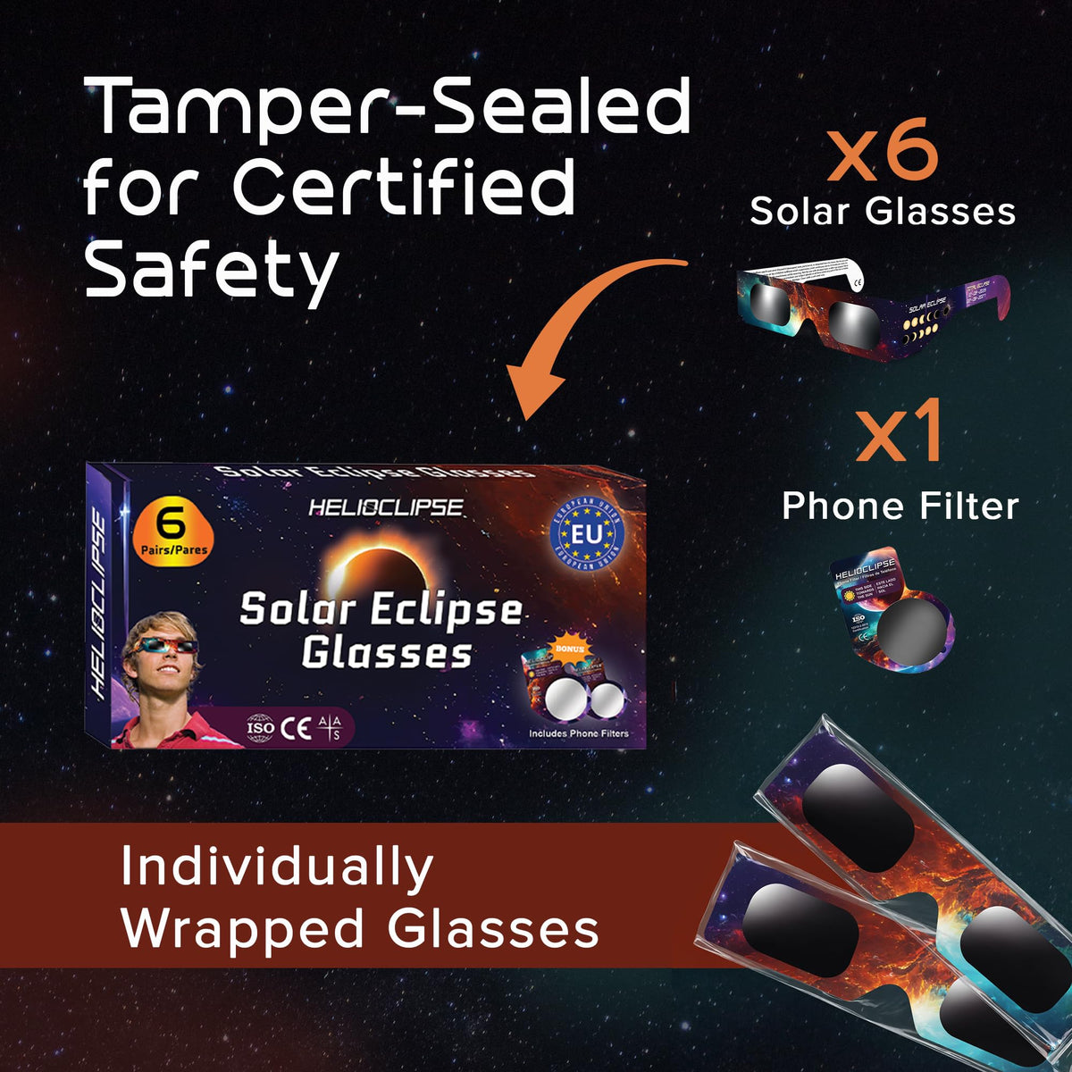 Helioclipse glasses with attached lanyard for secure wear