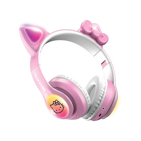 Hello Kitty close-up of LED cat ear lights and earcup detail, vibrant visibility