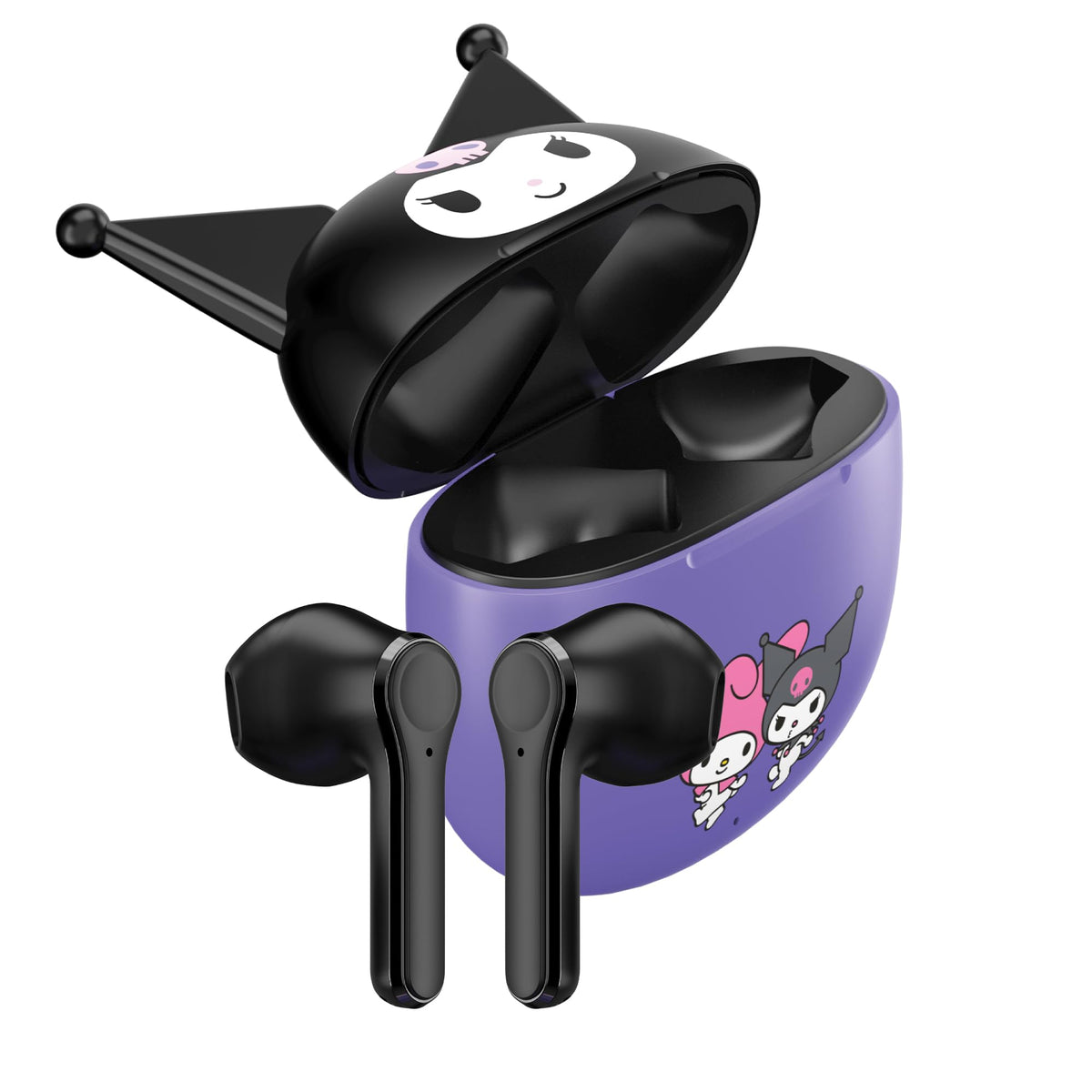 Hello Kitty earbuds in purple-black charging case for portable power.